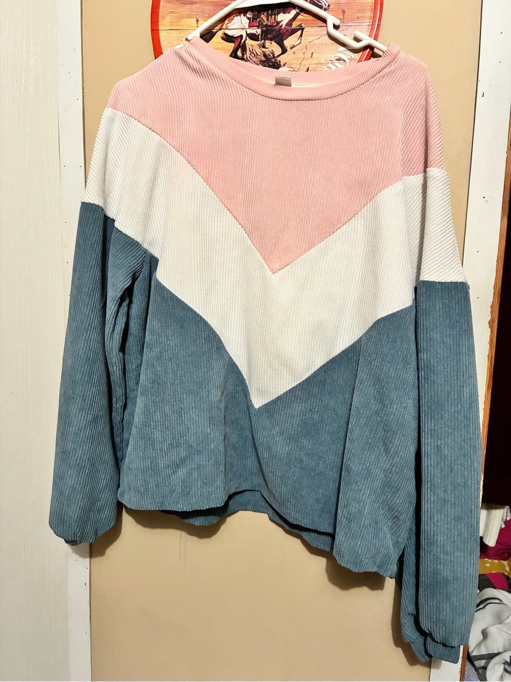 Colorblock Ribbed Pullover Top - Pink, White & Dusty Blue